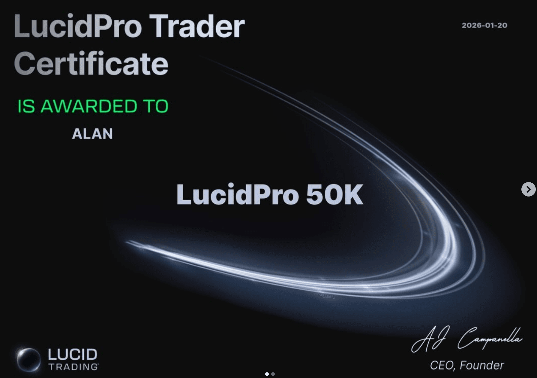 LucidPro Trader Certificate - 50K, awarded to Alan, 2026-01-20